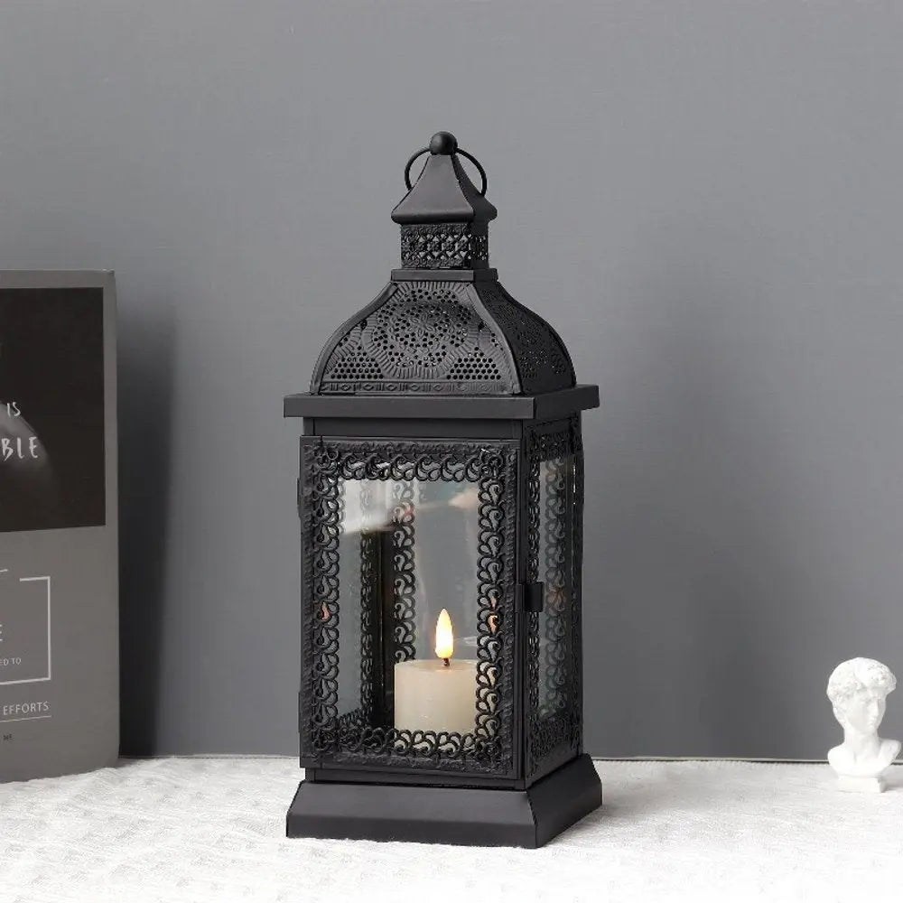 13" Clear And Black Glass And Metal Tabletop Lantern Candle Holder HomeRoots
