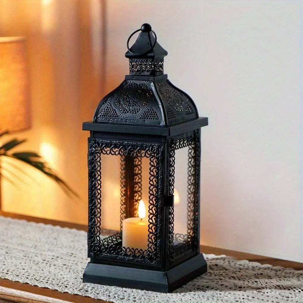 13" Clear And Black Glass And Metal Tabletop Lantern Candle Holder HomeRoots
