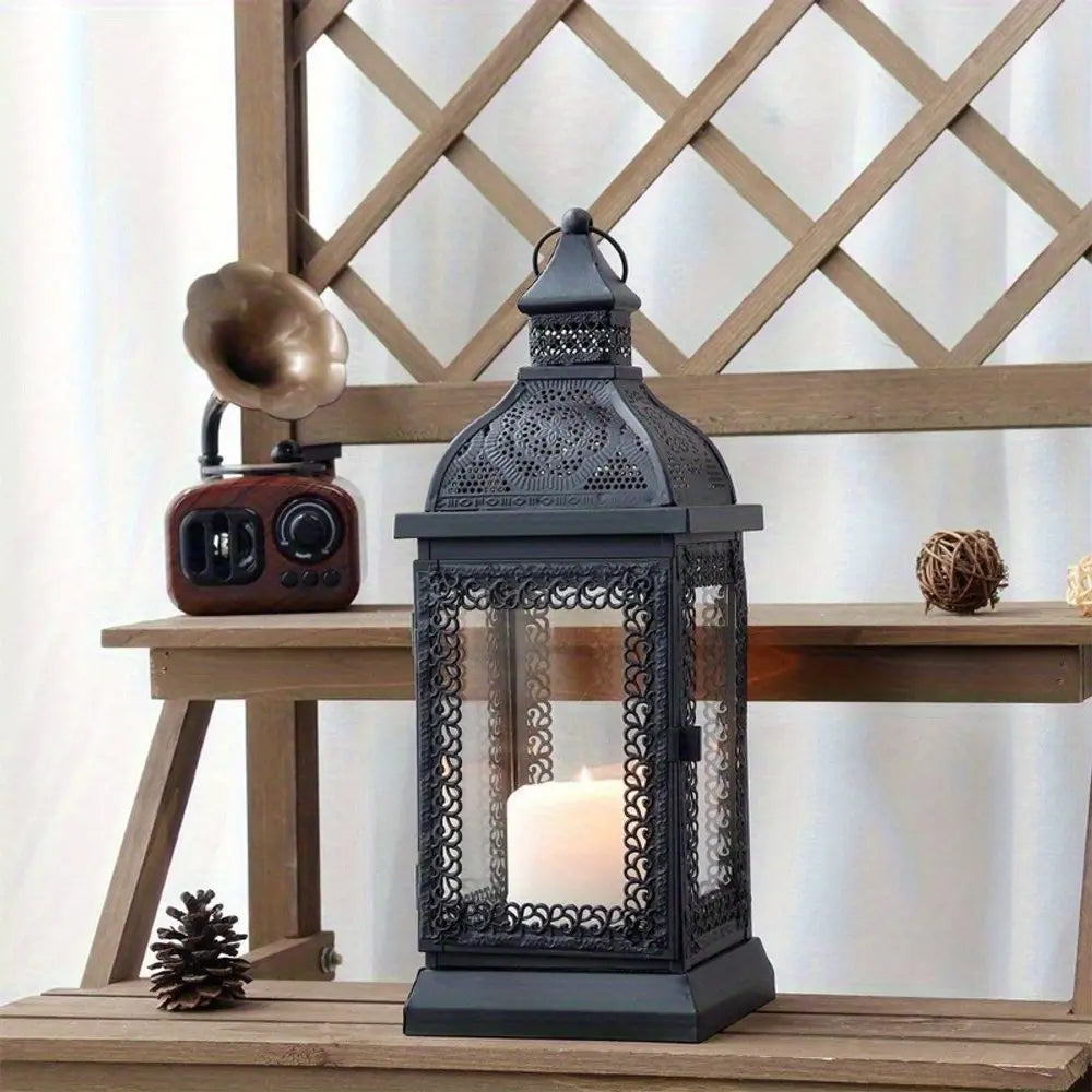 13" Clear And Black Glass And Metal Tabletop Lantern Candle Holder HomeRoots
