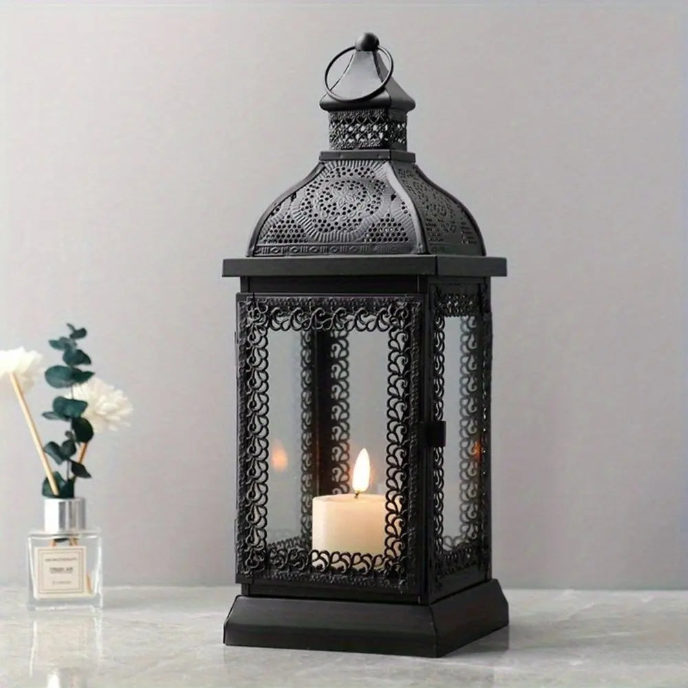 13" Clear And Black Glass And Metal Tabletop Lantern Candle Holder HomeRoots