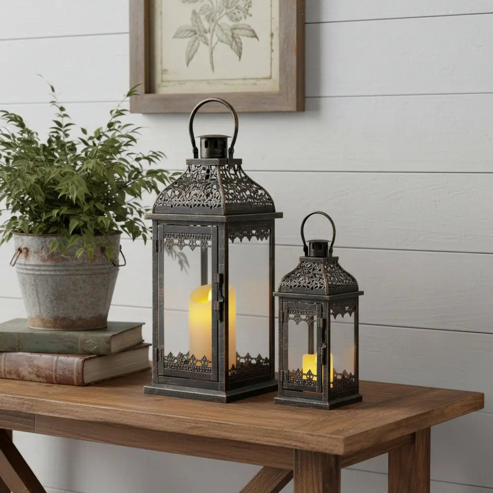 Set of Two Clear And Black Glass And Metal Tabletop Lantern Candle Holders