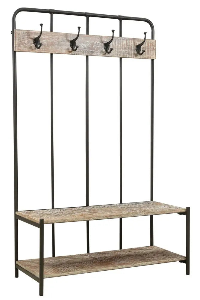 71" Black And Brown Metal And Solid Wood Four Hooks Freestanding Coat Rack - NOBLE HOME INTERIORS