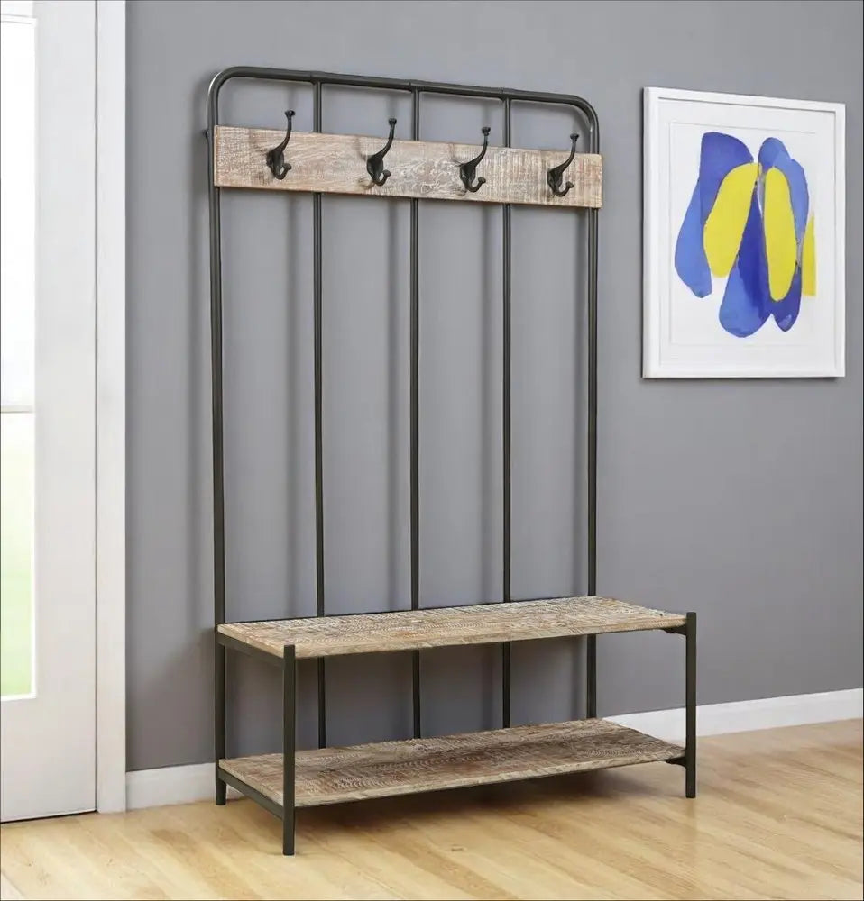 71" Black And Brown Metal And Solid Wood Four Hooks Freestanding Coat Rack - NOBLE HOME INTERIORS