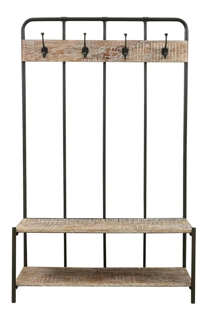 71" Black And Brown Metal And Solid Wood Four Hooks Freestanding Coat Rack - NOBLE HOME INTERIORS