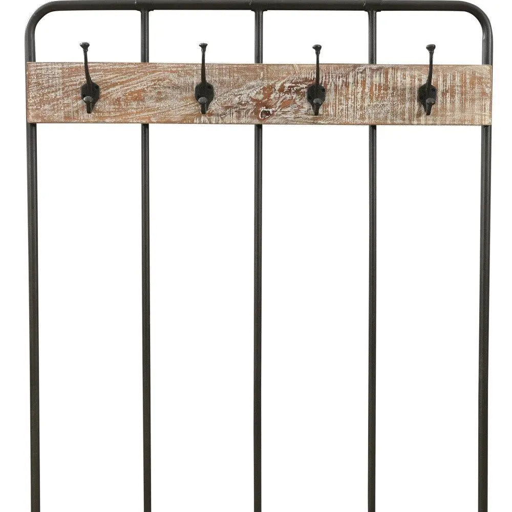 71" Black And Brown Metal And Solid Wood Four Hooks Freestanding Coat Rack - NOBLE HOME INTERIORS