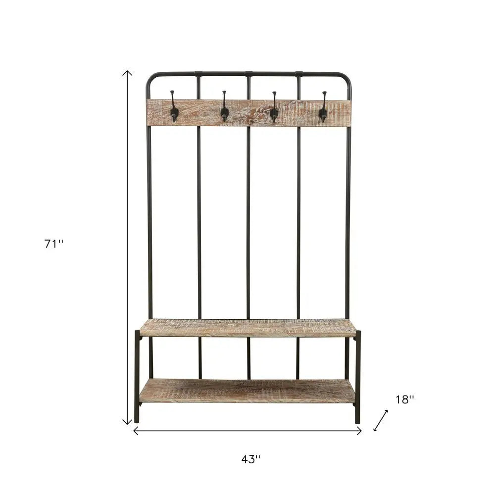 71" Black And Brown Metal And Solid Wood Four Hooks Freestanding Coat Rack - NOBLE HOME INTERIORS