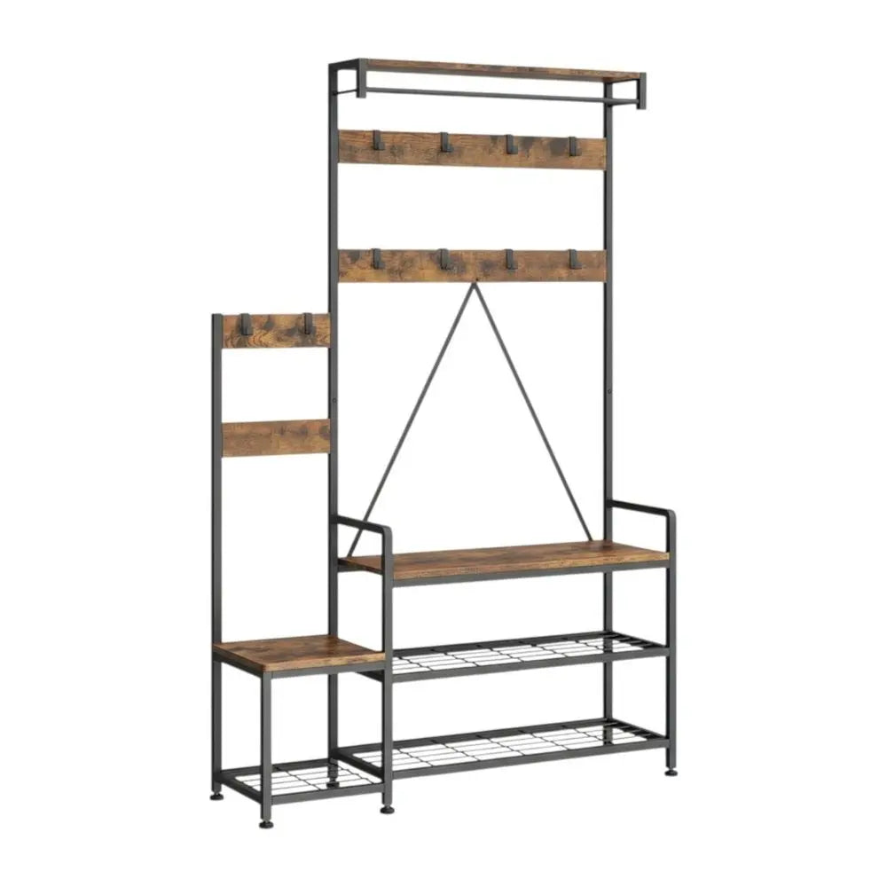 71" Black And Brown Rustic Ten Hook Coat Rack Storage Bench - NOBLE HOME INTERIORS