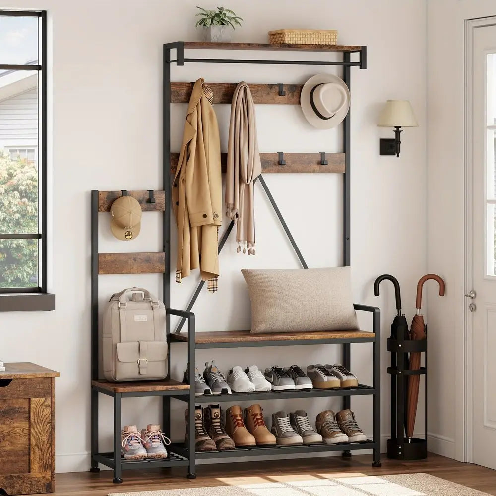 71" Black And Brown Rustic Ten Hook Coat Rack Storage Bench - NOBLE HOME INTERIORS
