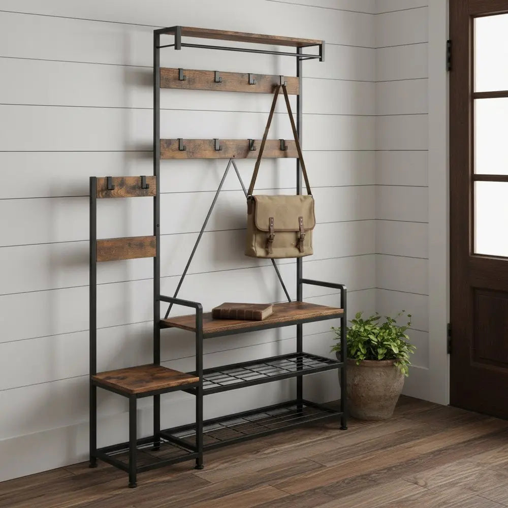 71" Black And Brown Rustic Ten Hook Coat Rack Storage Bench - NOBLE HOME INTERIORS