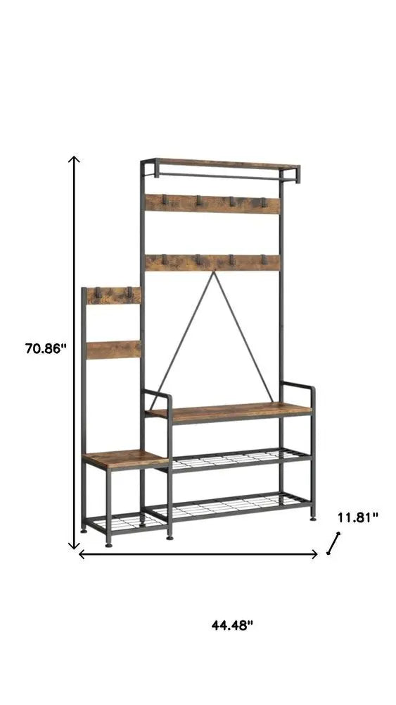 71" Black And Brown Rustic Ten Hook Coat Rack Storage Bench - NOBLE HOME INTERIORS