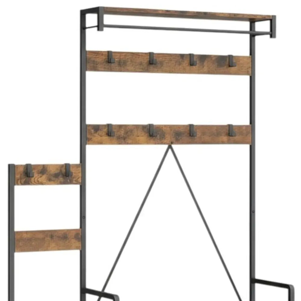 71" Black And Brown Rustic Ten Hook Coat Rack Storage Bench - NOBLE HOME INTERIORS