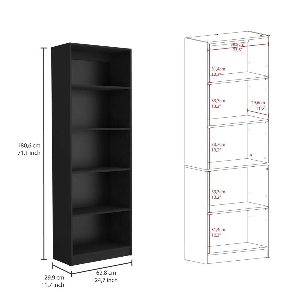 71" Black Five Tier Bookcase - NOBLE HOME INTERIORS
