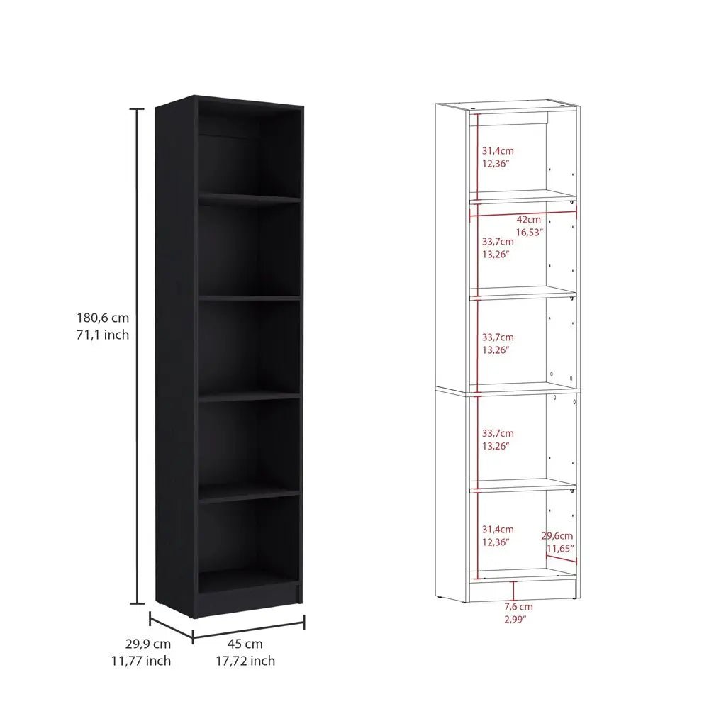 71" Black Five Tier Bookcase - NOBLE HOME INTERIORS