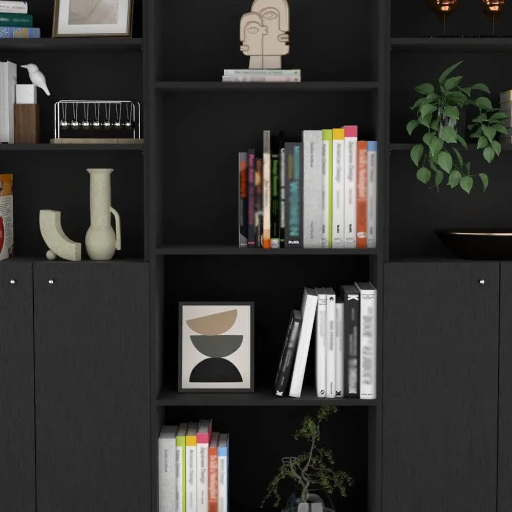 71" Black Five Tier Bookcase with Four doors - NOBLE HOME INTERIORS