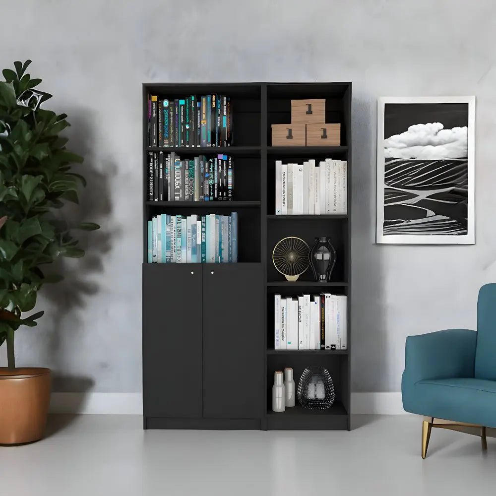 71" Black Five Tier Bookcase with Two doors - NOBLE HOME INTERIORS
