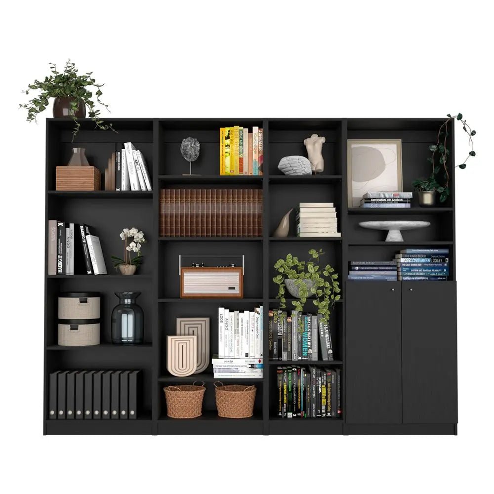 71" Black Four Tier Bookcase with Two Doors - NOBLE HOME INTERIORS