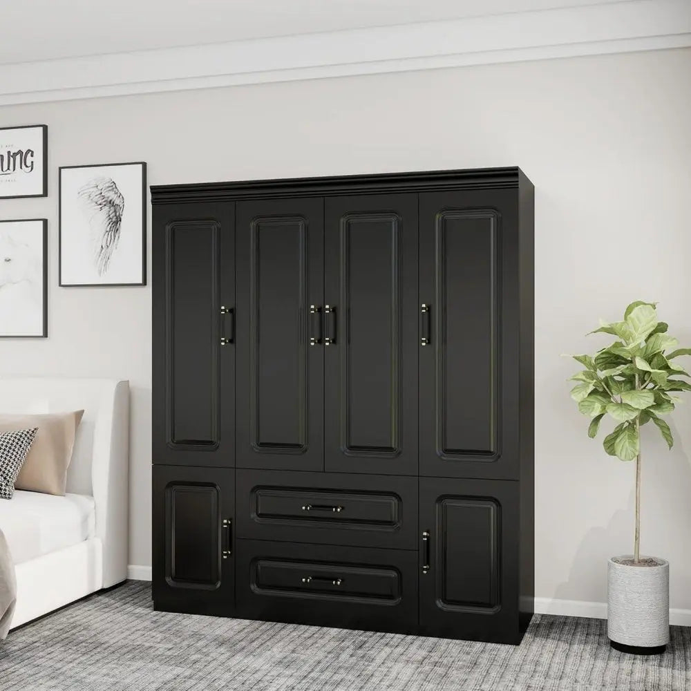 71" Black Wood Six Door Two Drawer Combo Dresser - NOBLE HOME INTERIORS