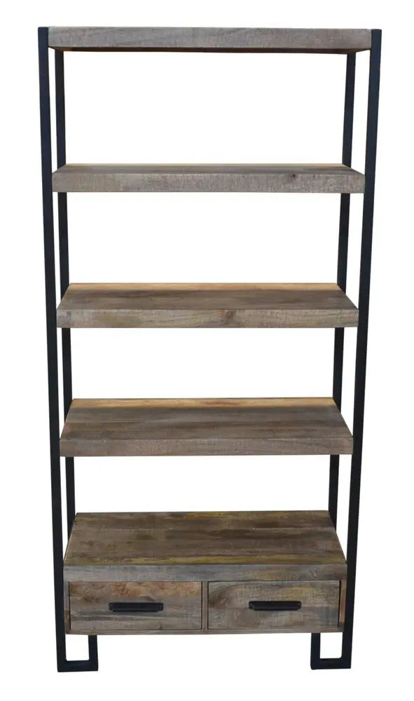 71" Brown Distressed Solid Wood Four Tier Etagere Bookcase with Two Drawers - NOBLE HOME INTERIORS