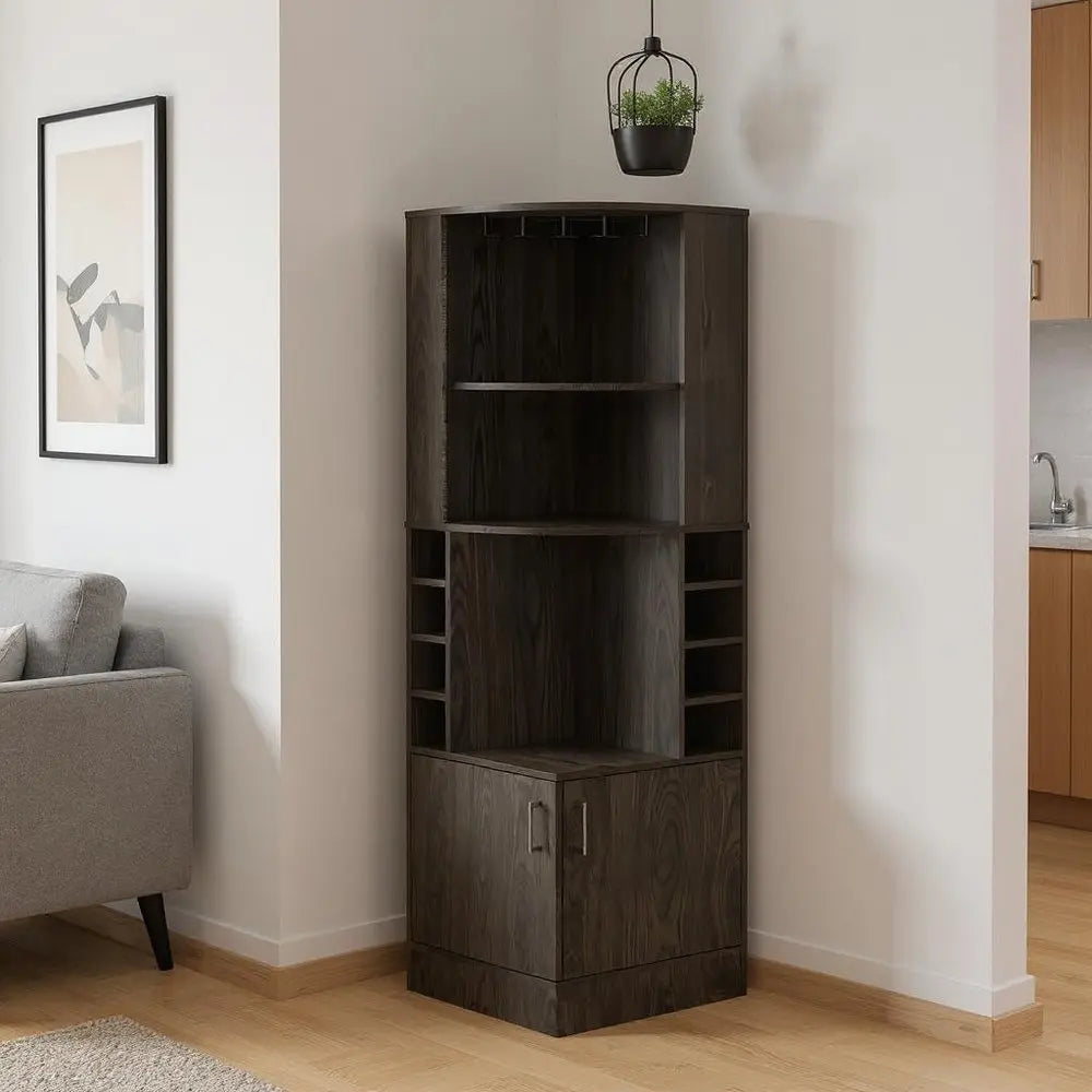 71" Dark Brown Wood Corner Bar Cabinet With Two Doors - NOVA HOME FURNITURE