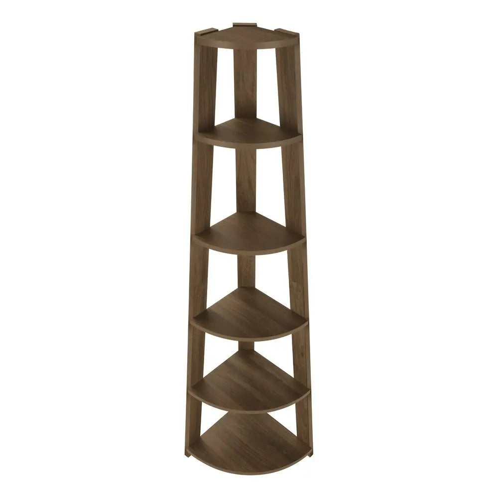 71" Dark Brown Wood Five Tier Corner Bookcase - NOBLE HOME INTERIORS