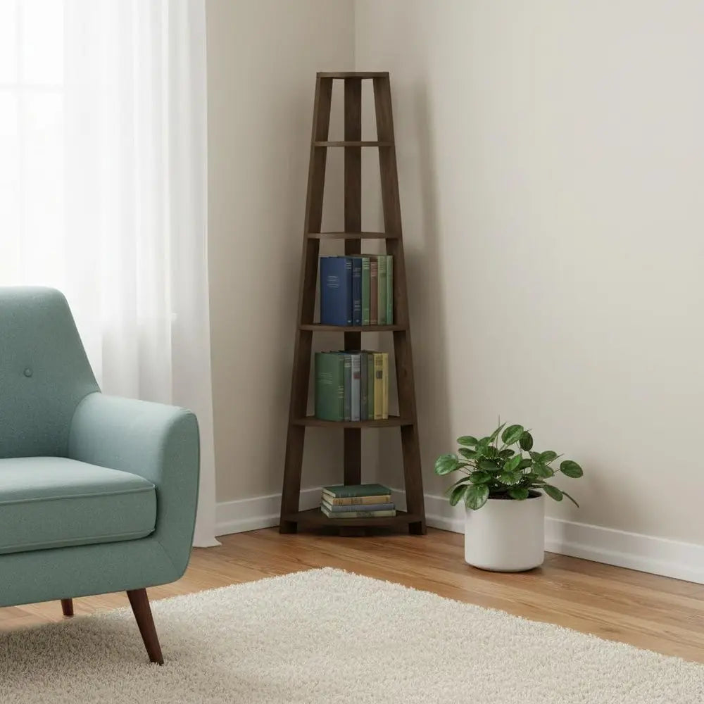 71" Dark Brown Wood Five Tier Corner Bookcase - NOBLE HOME INTERIORS
