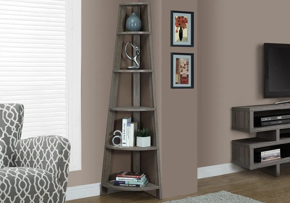 71" Espresso Wood Five Tier Corner Bookcase - NOBLE HOME INTERIORS