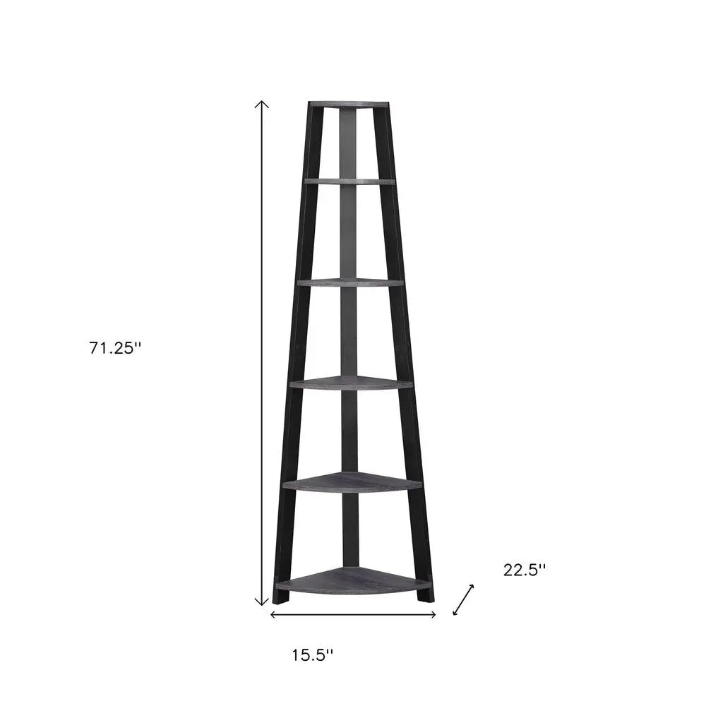 71" Espresso Wood Five Tier Corner Bookcase - NOBLE HOME INTERIORS