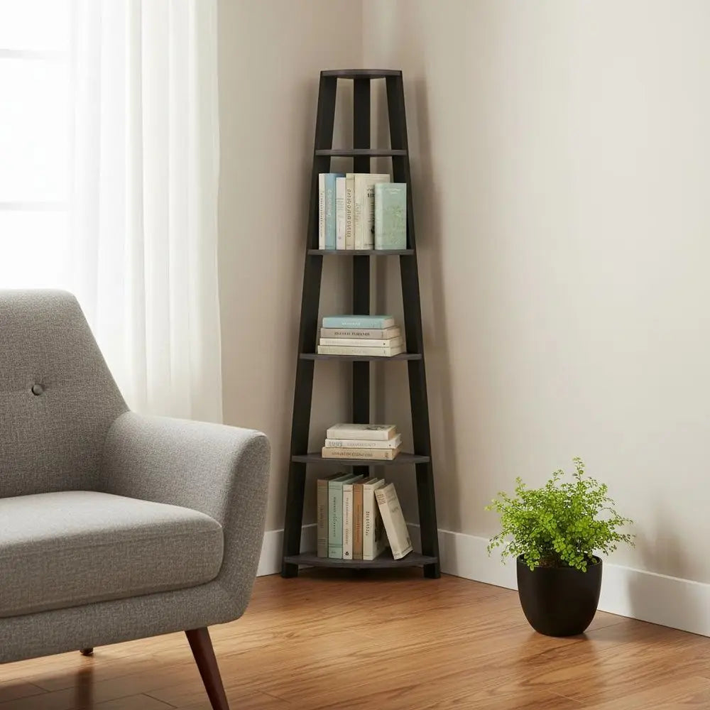 71" Espresso Wood Five Tier Corner Bookcase - NOBLE HOME INTERIORS