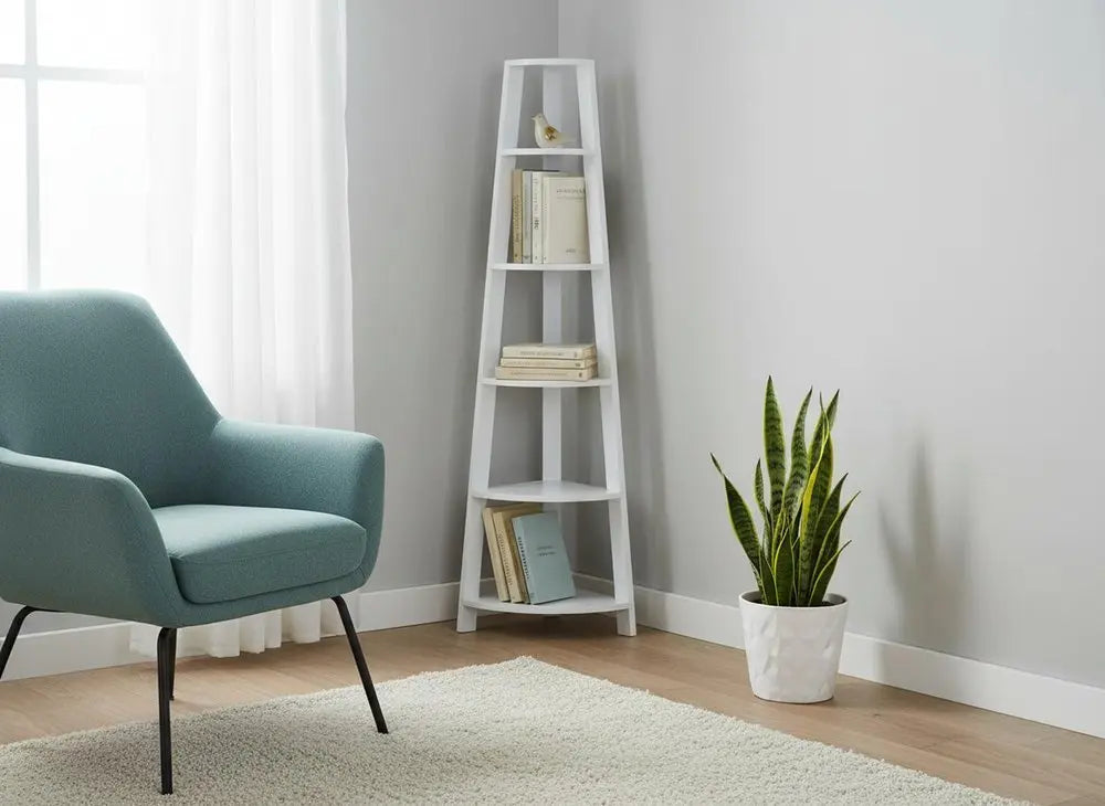 71" Espresso Wood Five Tier Corner Bookcase - NOBLE HOME INTERIORS