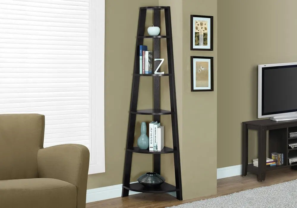 71" Espresso Wood Five Tier Corner Bookcase - NOBLE HOME INTERIORS