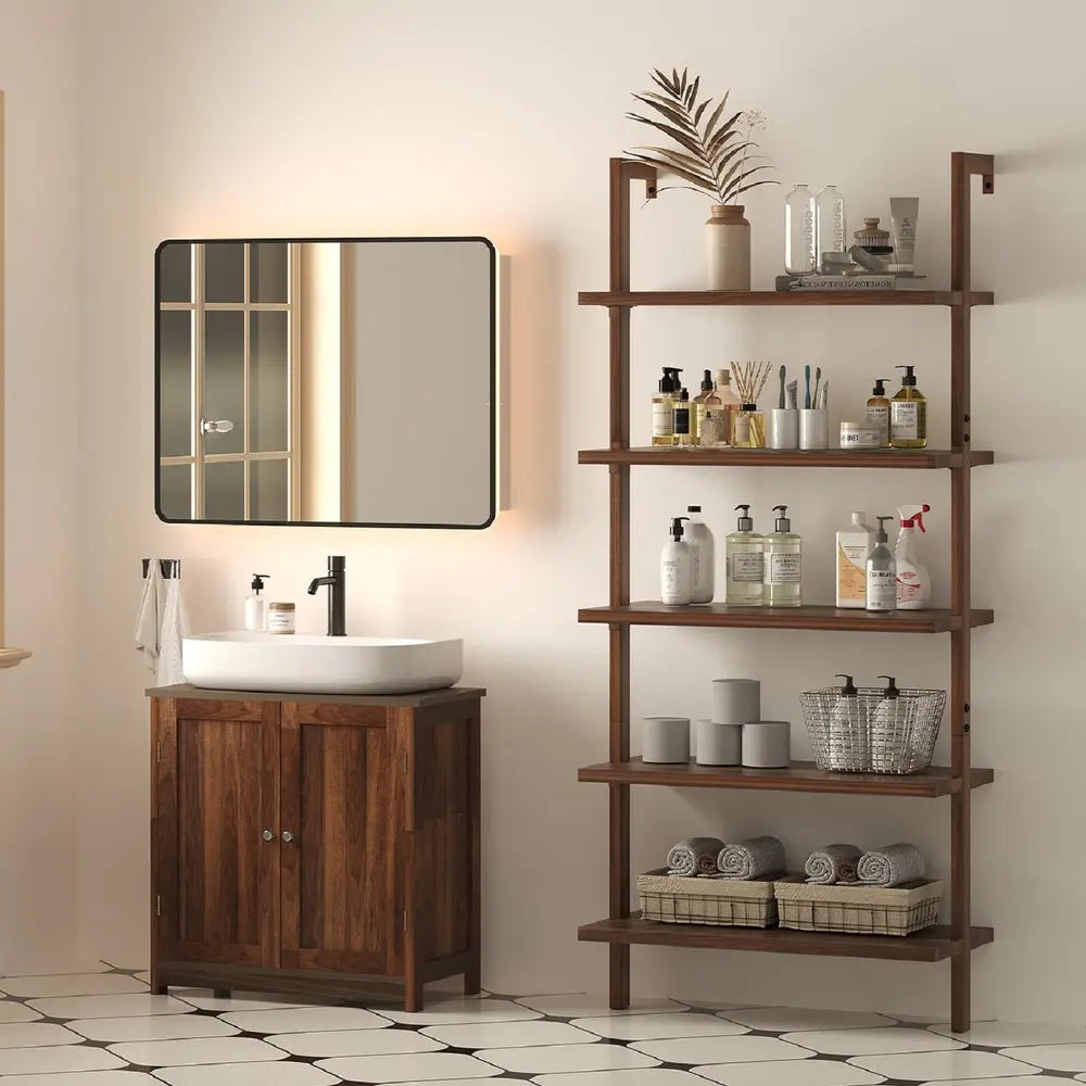 71" Light Brown Wood Adjustable Five Tier Etagere Bookcase - NOBLE HOME INTERIORS