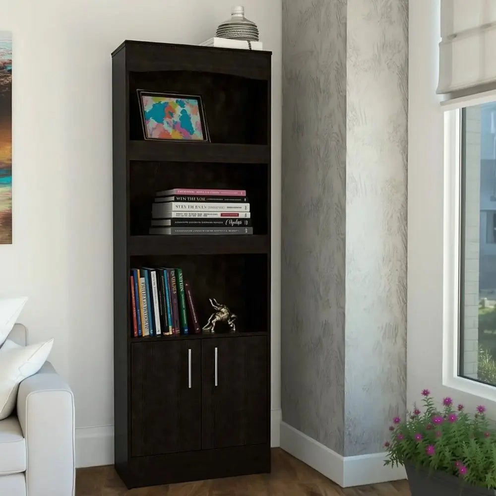 71" Light Gray Wood Three Tier Bookcase with Two Doors - NOBLE HOME INTERIORS