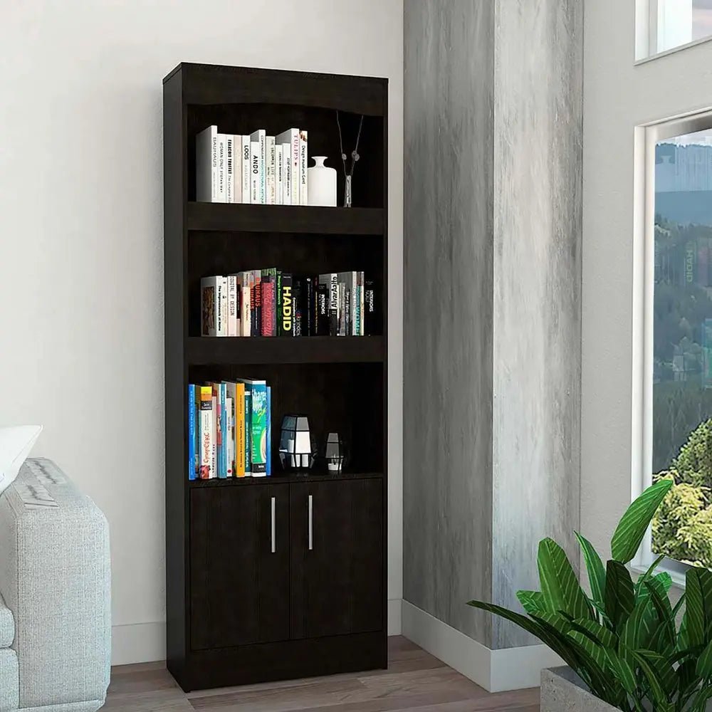 71" Light Gray Wood Three Tier Bookcase with Two Doors - NOBLE HOME INTERIORS