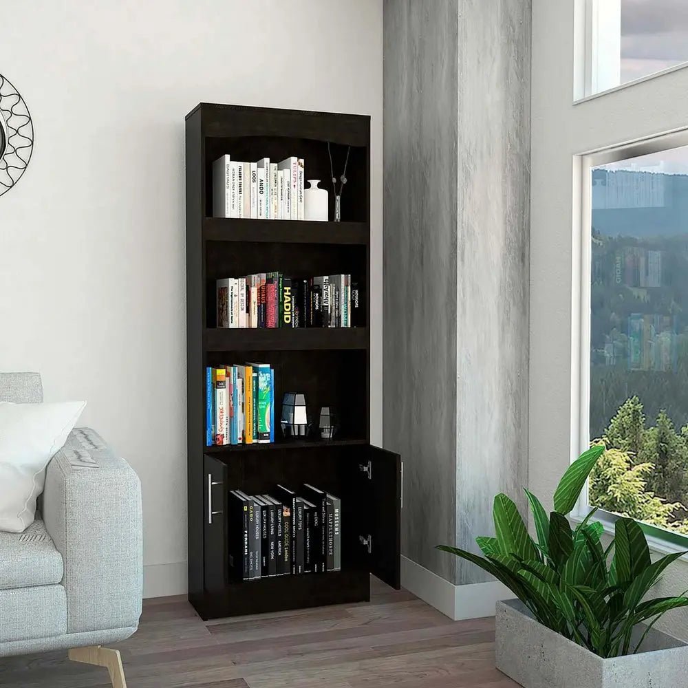 71" Light Gray Wood Three Tier Bookcase with Two Doors - NOBLE HOME INTERIORS