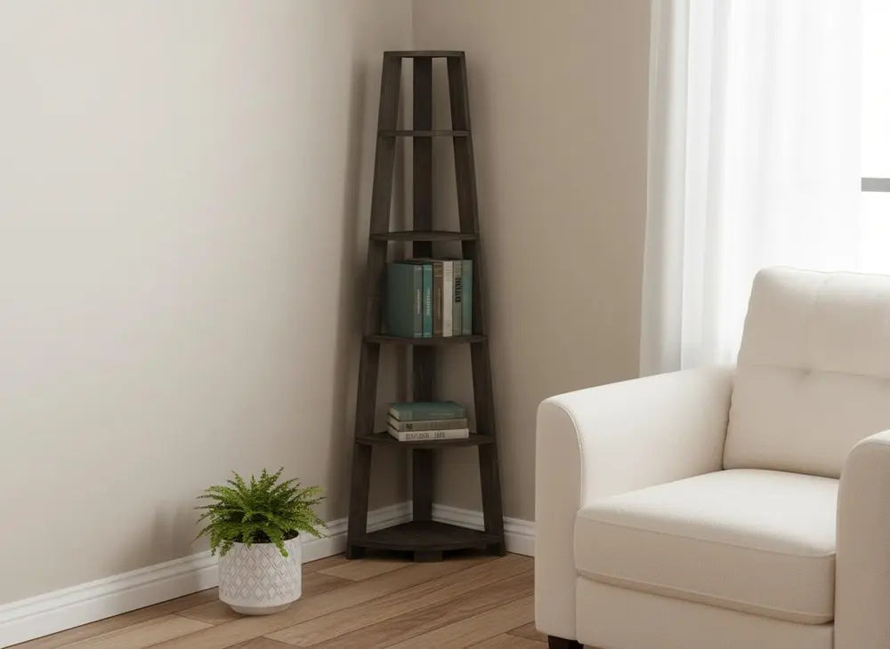 71" Oak Particle Board and Wood Five Tier Corner Bookcase - NOBLE HOME INTERIORS