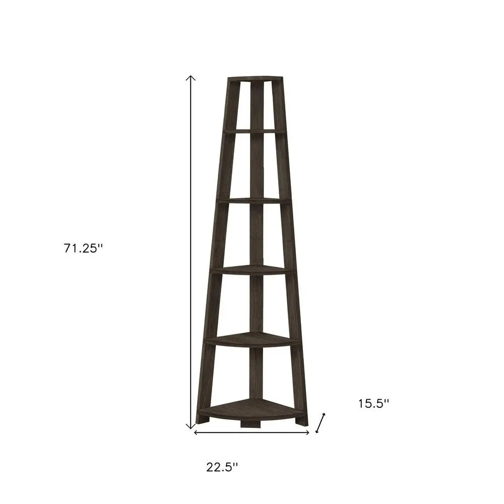 71" Oak Particle Board and Wood Five Tier Corner Bookcase - NOBLE HOME INTERIORS