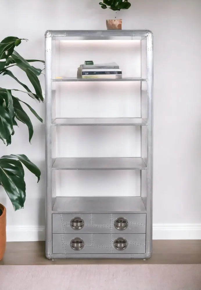 71" Silver Aluminum Four Tier Bookcase with Two Drawers - NOBLE HOME INTERIORS