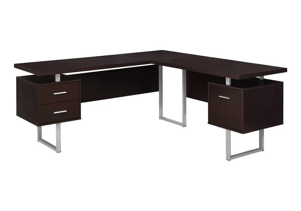 71" Taupe and Silver L Shape Computer Desk With Three Drawers - NOBLE HOME INTERIORS