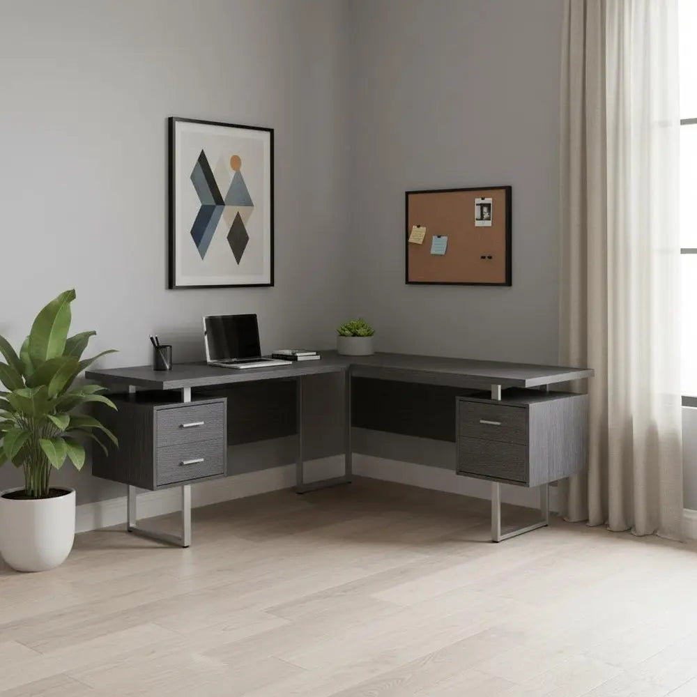 71" Taupe and Silver L Shape Computer Desk With Three Drawers - NOBLE HOME INTERIORS