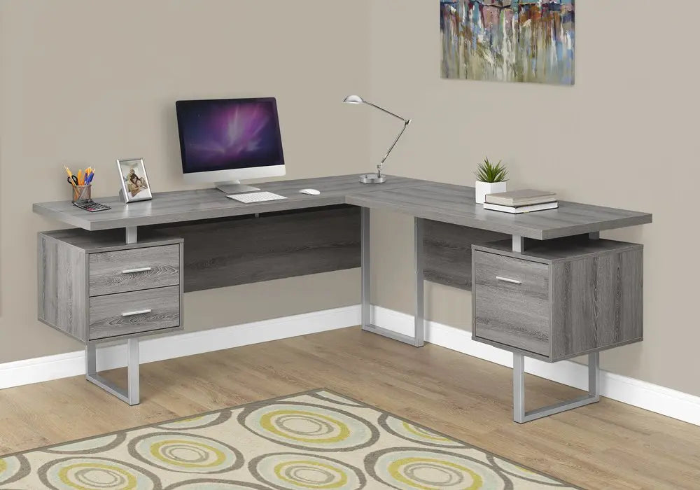 71" Taupe and Silver L Shape Computer Desk With Three Drawers - NOBLE HOME INTERIORS