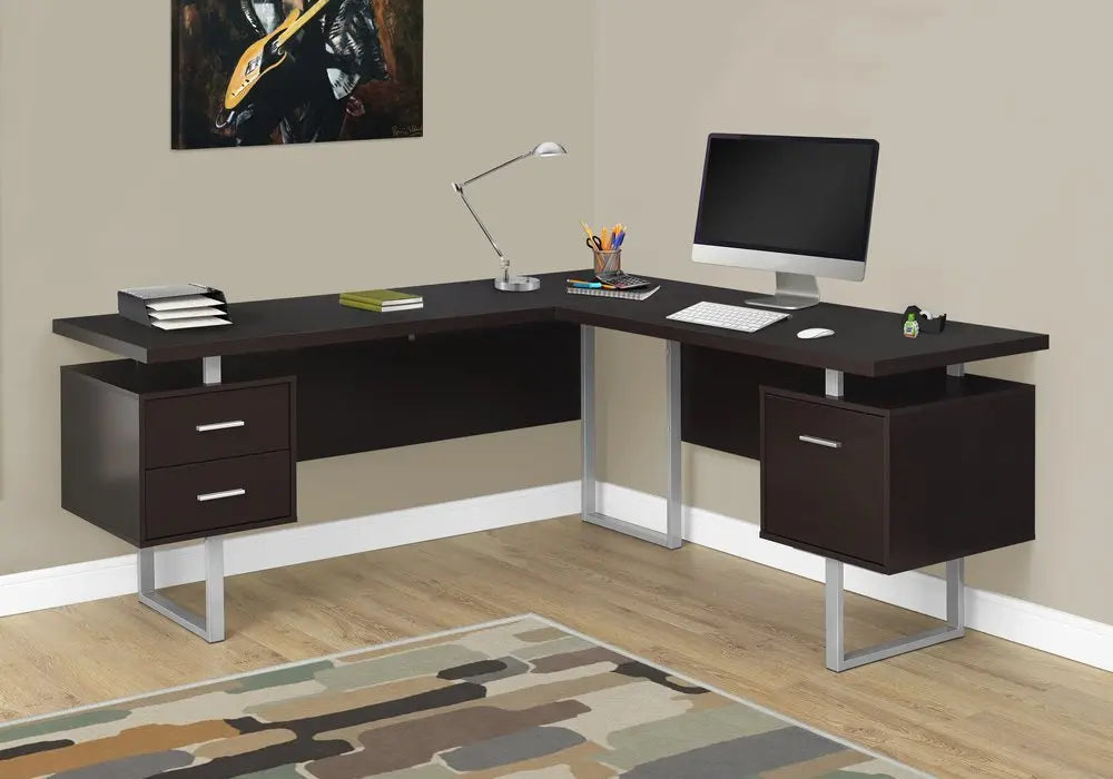 71" Taupe and Silver L Shape Computer Desk With Three Drawers - NOBLE HOME INTERIORS