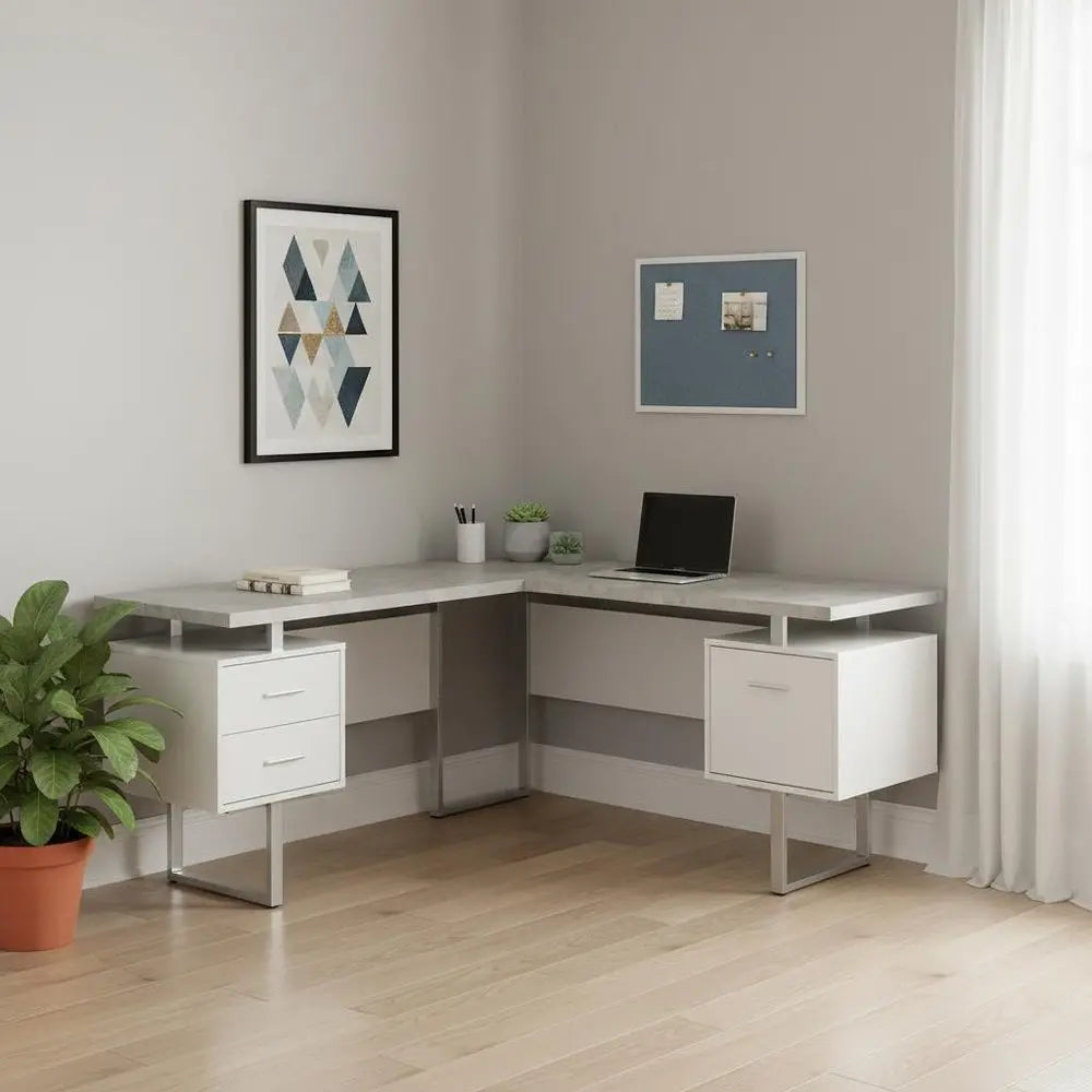 71" Taupe and Silver L Shape Computer Desk With Three Drawers - NOBLE HOME INTERIORS