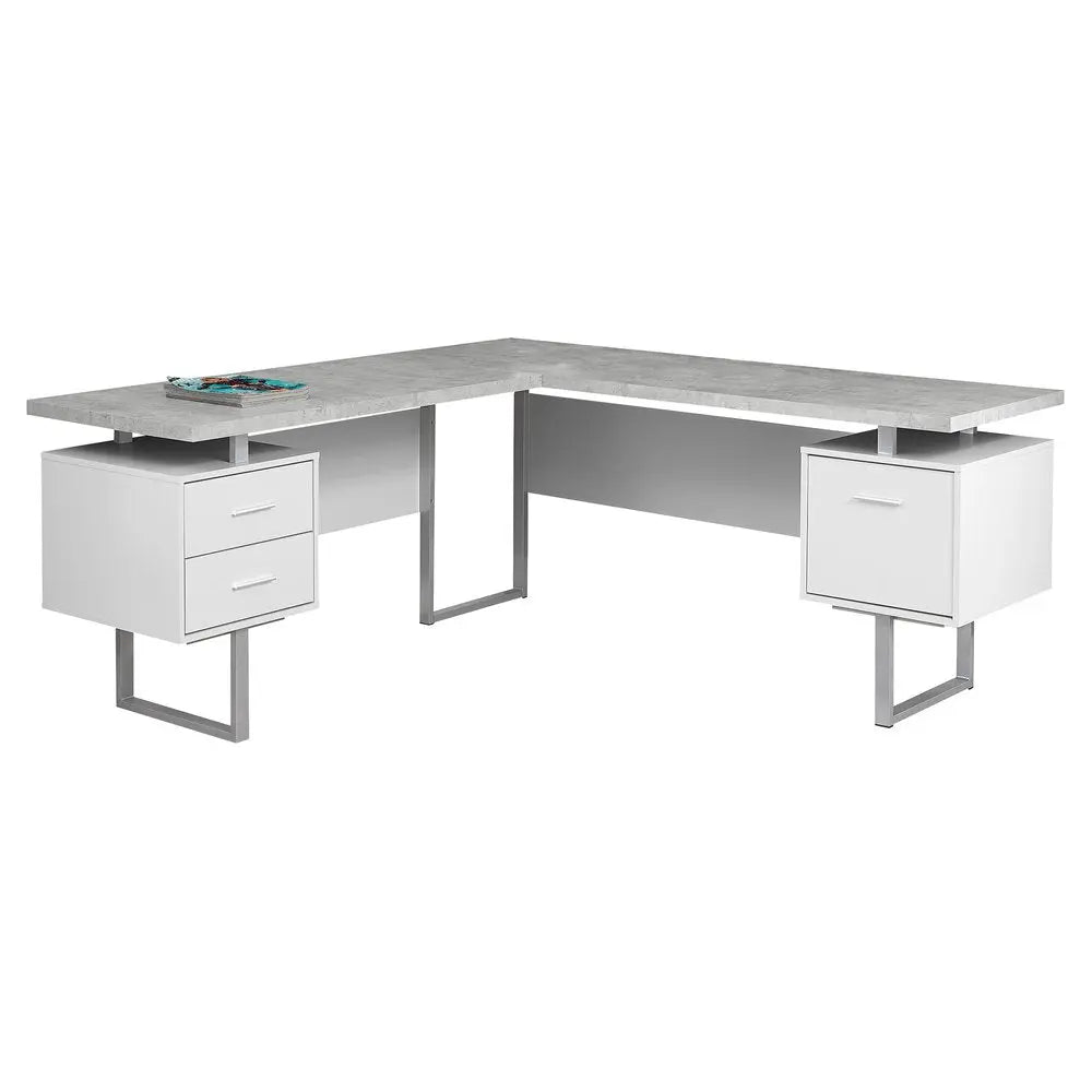 71" Taupe and Silver L Shape Computer Desk With Three Drawers - NOBLE HOME INTERIORS