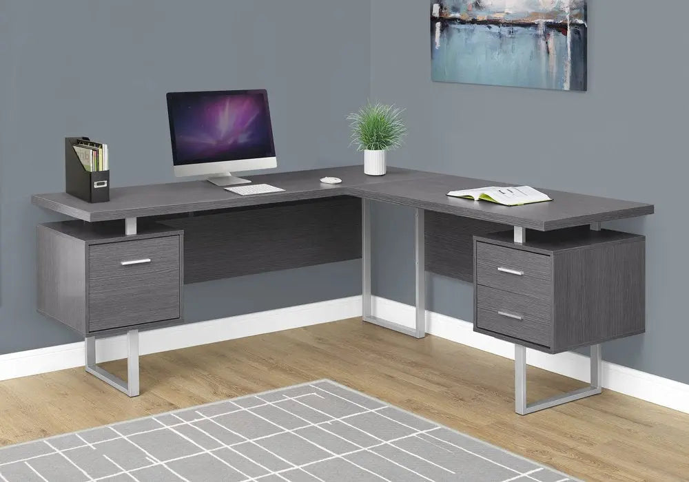 71" Taupe and Silver L Shape Computer Desk With Three Drawers - NOBLE HOME INTERIORS