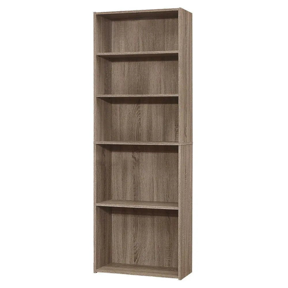 71" Taupe Distressed Wood Adjustable Five Tier Bookcase - NOBLE HOME INTERIORS