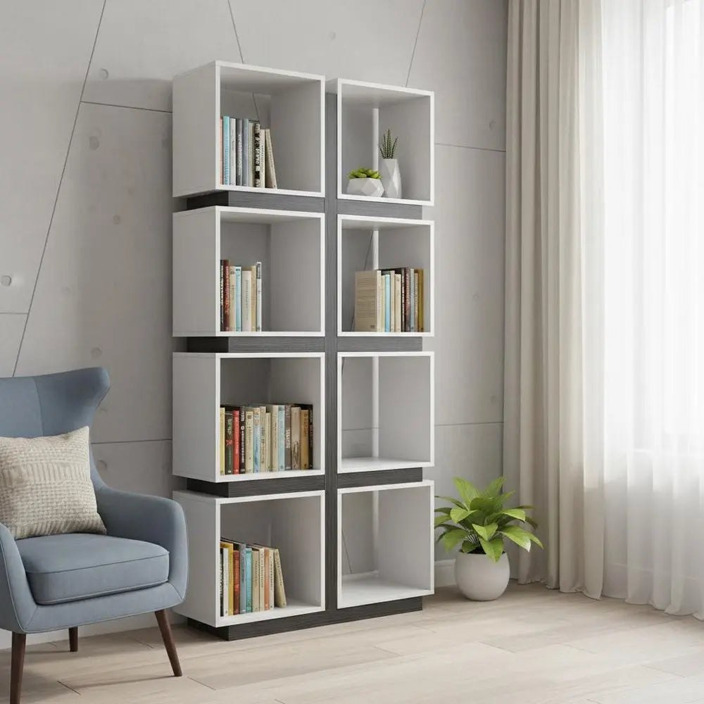 71" White Wood Eight Tier Cube Bookcase - NOBLE HOME INTERIORS
