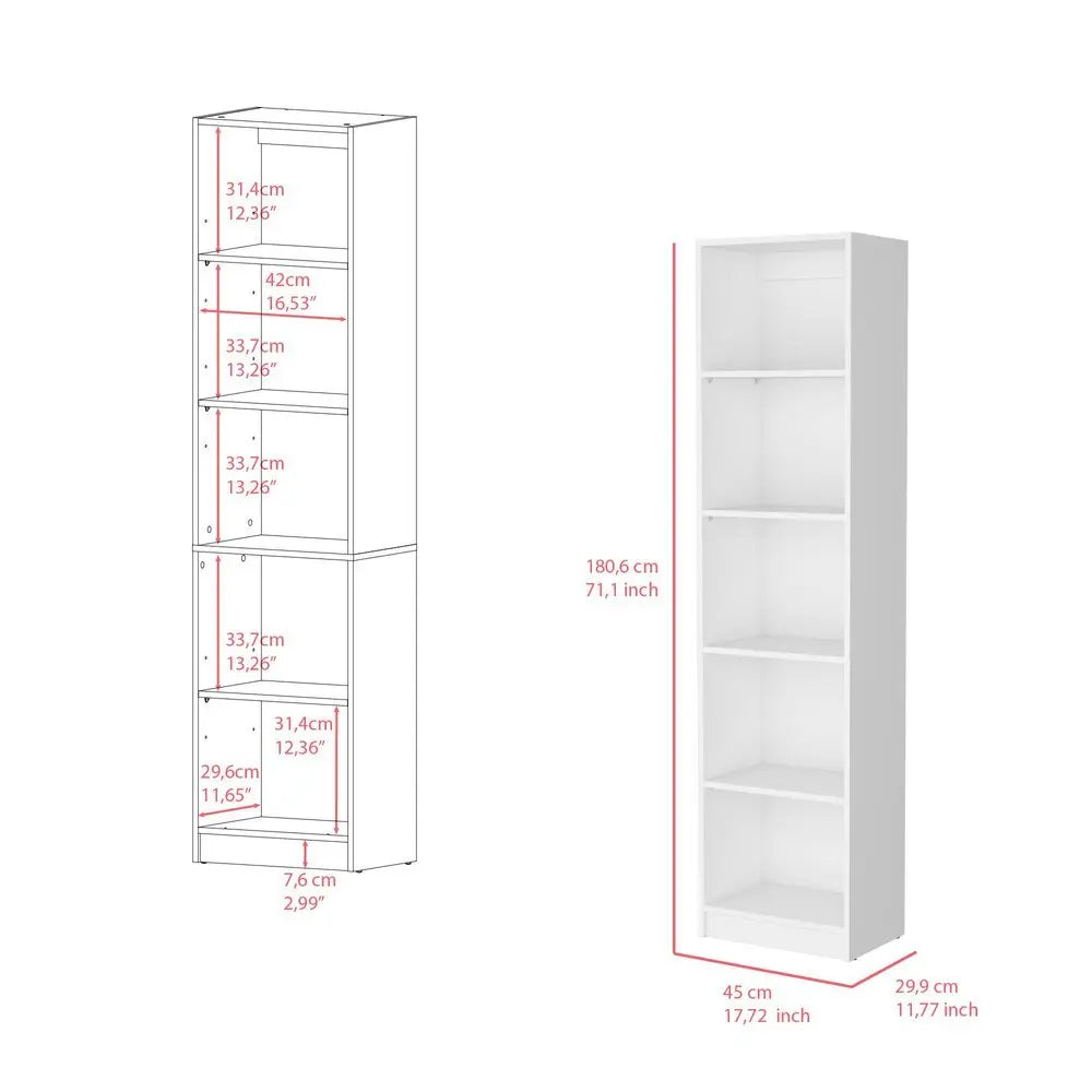 71" White Wood Five Tier Bookcase - NOBLE HOME INTERIORS