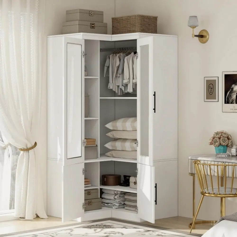 71" White Wood Four Door Corner Combo Dresser - NOBLE HOME INTERIORS