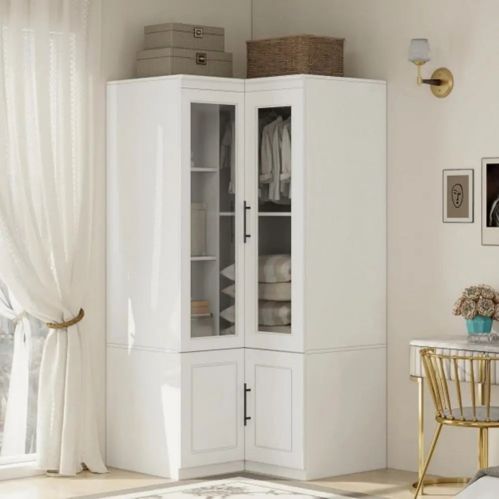 71" White Wood Four Door Corner Combo Dresser - NOBLE HOME INTERIORS