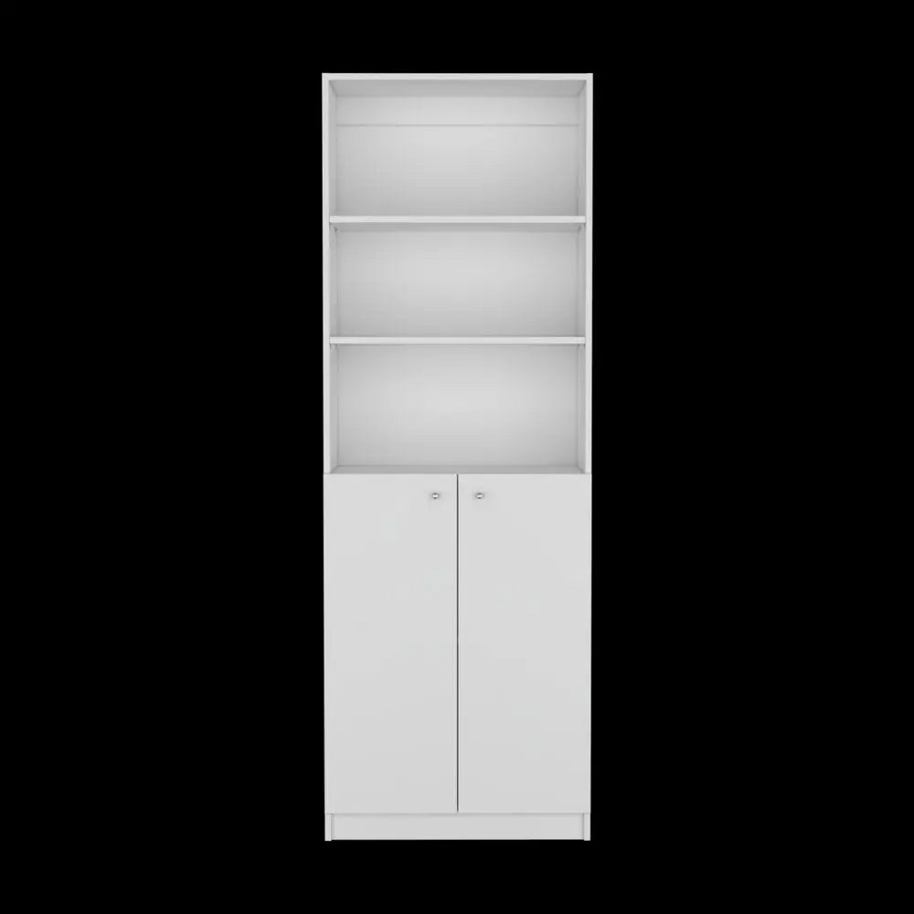 71" White Wood Three Tier Bookcase with Two Doors - NOBLE HOME INTERIORS